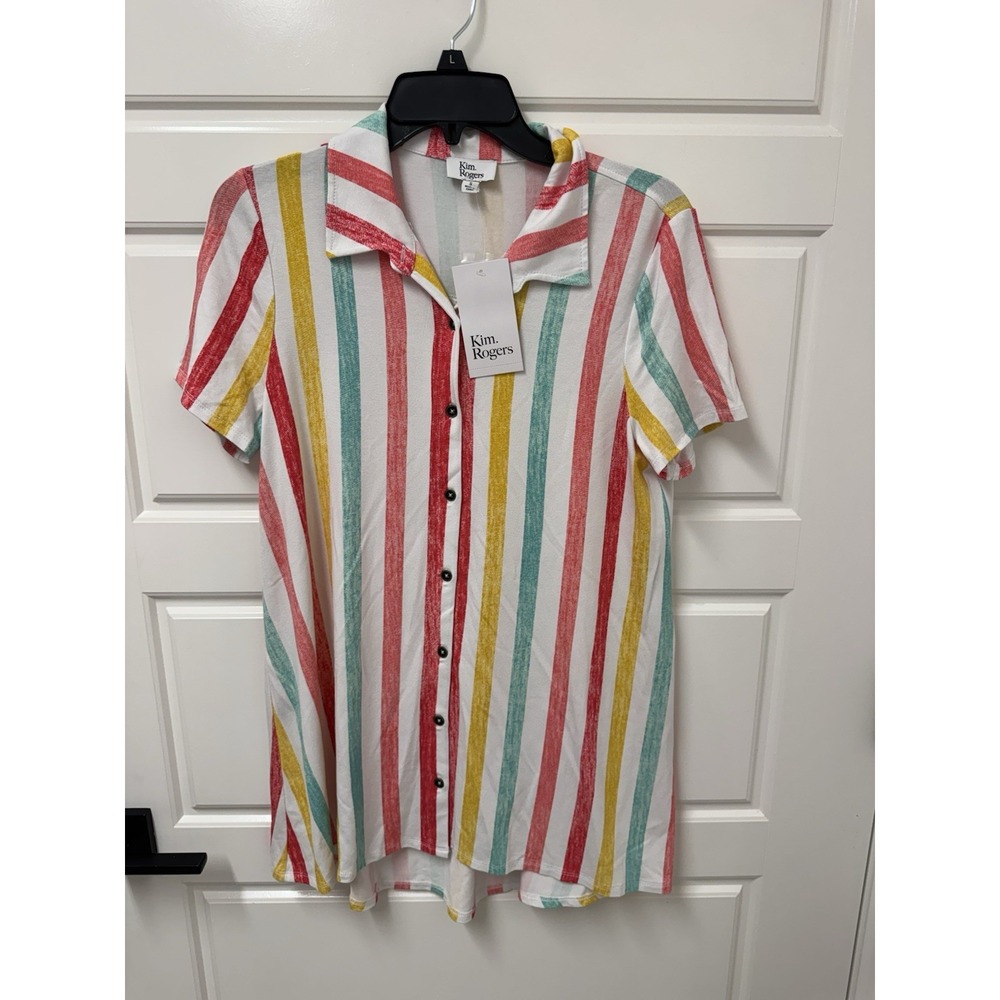 Kim Rogers Women Striped Short Sleeve Blouse Hi Lo Hem Multicolor Small NWT